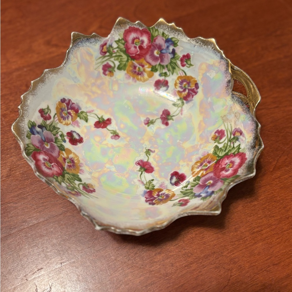 Trimont Ware Iridescent Lusterware Bowl w Pansy Floral Design